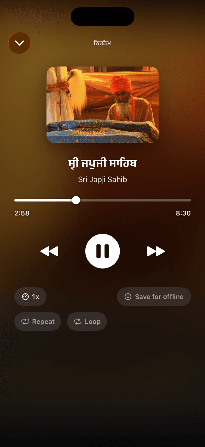 The Gurbani Player Now Playing screen with devotional artwork, playing Sri Japji Sahib
